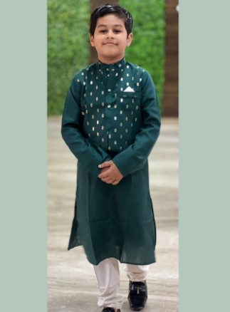 Cotton Foil Printed Butti Kurta Pajama With Koti